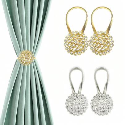 1/2 件磁性水晶花窗帘夹挂钩，弹簧装饰窗帘系带，无需钻孔