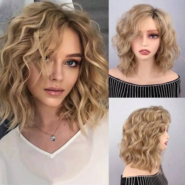 Mid-Length Ombre Blonde Wavy Bob Wig For Women Jerry Curl Style High-Temperature Synthetic Hair With Rose Net Cap, Natural Looking For Daily Wear Parties, Short Hair Wig