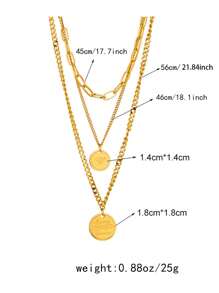 1pc Fashionable Simple Multi-Layered Retro Stainless Steel Engraved Round Pendant Necklace, Suitable For Daily Wear - Yellow Gold - View 6