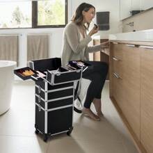 Topeakmart 4 In 1 Professional Rolling Makeup Case Large Cosmetic Train Case Makeup Organizer Case, Makeup Travel Case Travel Makeup Organizer, With Removeable Wheels - Black - Black - View 7