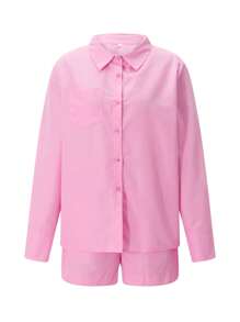 Women Pajama Set, Long Sleeve Button Closure Shirt With Shorts Sleepwear Loungewear - 粉色 - 查看 9