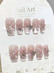 10 件装短方形按压指甲，带 3D 蝴蝶结设计假指甲，适合舞台表演佩戴