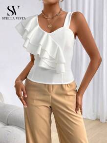 SV  Blusa feminina elegante de um ombro só, com detalhe de babado no ombro.   - Ideal para natal - branco - Visão 5