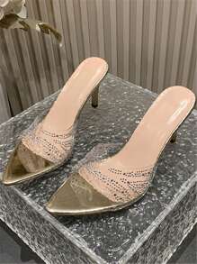 Giày sandal cao gót mũi nhọn đính đá kiểu dáng cổ điển dành cho nữ, thích hợp cho mùa xuân/hè. - Vàng - Xem 3