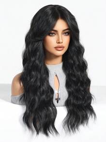 24-Inch Long Black Wavy Wigs For Women Black Curly Wigs With Air Bangs Water Wave Wig Synthetic Heat Resistant Fiber Wig For Daily Party Use - Black - View 6