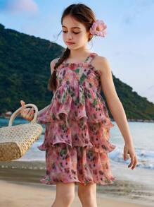 ASK JUNIOR Tween Girls Summer Ruffle Trim Vacation Princess Style Dress