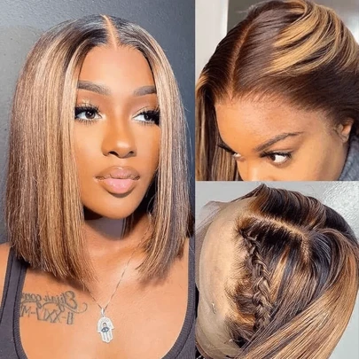 13x4蕾丝前置真人发假发，女士渐变色波波头蕾丝前置假发，预先拔毛并带有婴儿发，8-16英寸