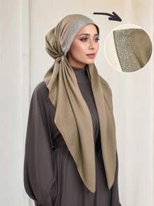 1 pieza/2 piezas Pañuelo musulmán de color liso con rhinestones para mujer, turbante de moda versátil adecuado para uso diario con vestido