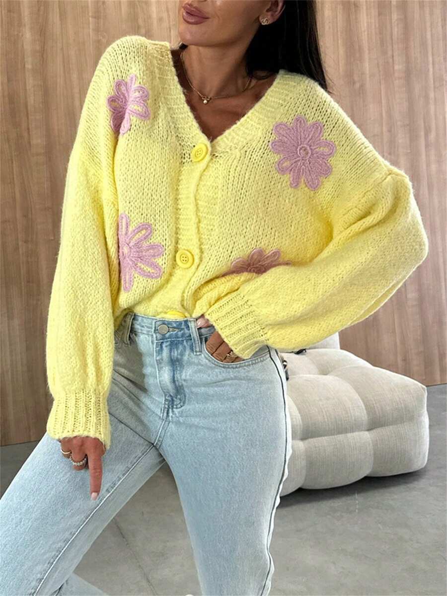 Women Cute Knit Cardigan Long Sleeve Button Closure Flower Print Spring Fall Casual Jacket Sweater - Yellow - View 1