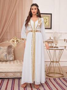 Women's Sequin Beaded Long Sleeve 2-Piece Set, Elegant - White - View 3