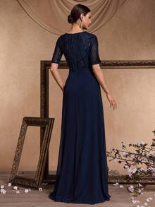 对比色亮片网眼镶嵌舞会礼服优雅正式晚会婚礼宾客礼服，适合毕业典礼、晚宴派对礼服 - 藏蓝色 - 查看 8