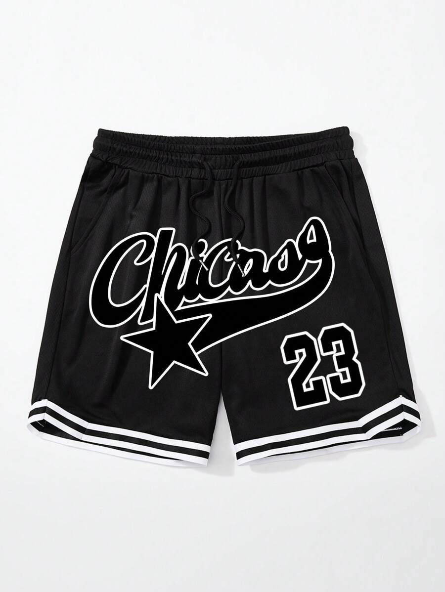 Shwiy Quần short bóng rổ in hình ngôi sao thời trang đường phố màu đen cho nam, họa tiết Chicago 23 Number, phù hợp cho trường học, hàng ngày, thể thao, trang phục thường ngày - màu đen - Xem 1