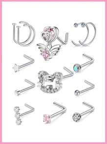 46/8件套多款式20G鼻环耳钉，医用钢材质，镶嵌闪亮锆石花朵，女士鼻环，直型、弯型、L型鼻环，7毫米。多种鼻环套装包含心形、蝴蝶、花朵等款式。 - 多顏色 - 查看 15