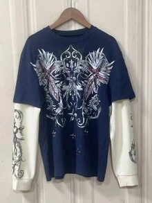 Y2K Style Graphic Print Contrast Color T-Shirt, Casual Minimalist Design For Everyday Wear - Blue - View 3