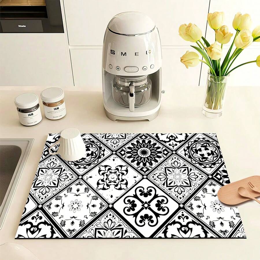 1 件黑白花卉瓷砖印花硅胶厨房垫 - 防滑、吸水碗碟干燥垫，适用于台面和咖啡机，带涤纶橡胶背衬，装饰性餐具沥水垫，适合家庭和餐厅 - FULSD260 - 查看 1