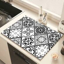 1 件黑白花卉瓷砖印花硅胶厨房垫 - 防滑、吸水碗碟干燥垫，适用于台面和咖啡机，带涤纶橡胶背衬，装饰性餐具沥水垫，适合家庭和餐厅 - FULSD260 - 查看 5