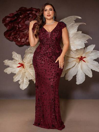 BluePlum Premium Stretchy Sequin V-Neck Short Sleeve Fitted Mermaid Hem Maxi Dress, Plus Size Solid Color Elegant Luxury Long Gown, Showcasing Youthful Feminine Charm, Suitable For Parties, Graduations, Weddings, Events, Galas, And Formal Occasions (Deluxe Edition) - Party Dress, Wedding Guest Dress, Evening Gown