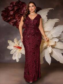 BluePlum 高级弹力亮片V领短袖修身鱼尾长裙，加大码纯色优雅奢华长款礼服，展现青春女性魅力，适合派对、毕业典礼、婚礼、活动、晚宴和正式场合（豪华版） - 派对礼服、婚礼宾客礼服、春季晚礼服 - 酒紅色 - 查看 6