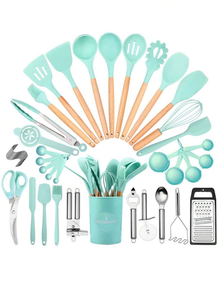 44pcs Premium Silicone Kitchen Utensil Set With Wooden Handles And Knives - Heat Resistant, Non-Stick, For Cooking And Cleaning - Green - View 1