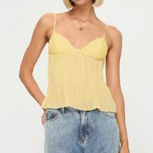 Women's Pleated Camisole Mini Bowknot Front Spaghetti Strap V-Neck Lace Cropped Tops - 黃色 - 查看 4