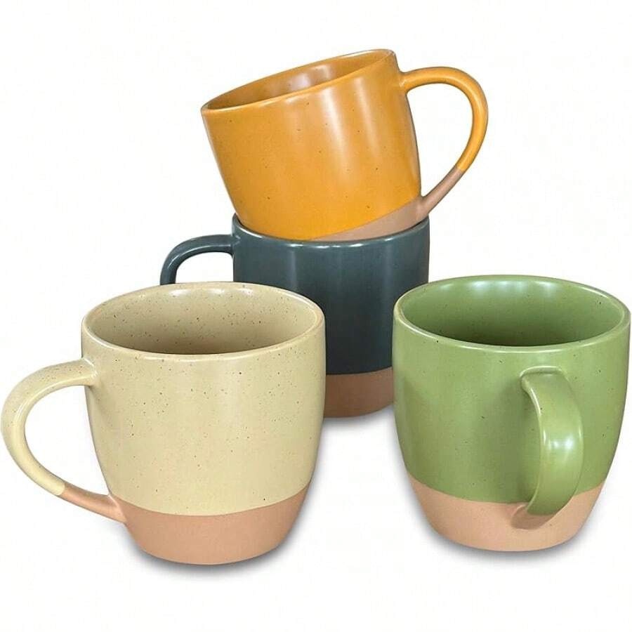 Juego de 4 tazas grandes de loza de 16oz para latte, Mora, microondas seguros, tazas de café de porcelana con asa grande, estilo moderno, bohemio y único para cualquier cocina. Vajilla de gres segura para microondas - Colores neutros surtidos