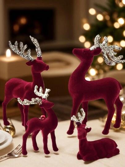 5/4/3/2/1pcs Set Christmas Glitter Burgundy Flocked Reindeer Pendant, Red Desktop Size Reindeer Pendant, Suitable For Home Decor, Tabletop Decor, Valentine's Day Gift, Christmas Gift, Creative Home & Dining Decor, Mother's Day Gift, Wedding Favor, Home Decoration, Christmas Tabletop Decor, Christmas Decoration, Room Decor