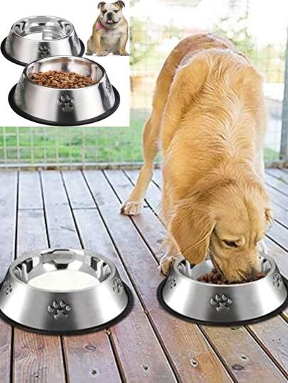 2pz Plato Tazon Comedero Mascota Gato Perro Acero Inoxidable
