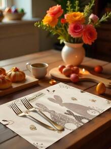 1pc/4pcs/6pcs Spring Decorative Easter Table Mats, Happy Easter, Brown Rabbit Linen Placemats, Dirt-Resistant Dining Mat, Suitable For Home, Restaurant, Dining Table Decor, Home Accessories