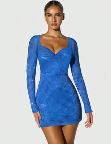 Elegant Hot Drilling Rhinestone Dress Women Sexy Twist V Neck Backless Lace Up Long Sleeve Fall Bodycon Cocktail Dresses Club Party - 藍色 - 查看 3