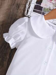 Camicia bianca con maniche a sbuffo e bottoni, stile universitario, adatta per ragazza, primavera/estate