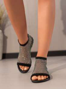 Round Toe Flat Hollow Peep-Toe Rhinestone Sandals, Women Plus Size Casual Fishnet Mesh Slip-On Elastic Band Colorful Crystal Loafers