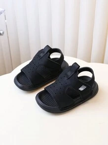 1 双儿童户外凉鞋，软底，防滑，钩环闭合，时尚纯色，可爱露趾，透气，快干，适合海滩和户外活动 - 黑色 - 查看 1