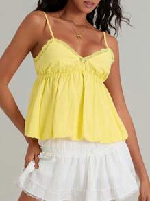 Women's Sweet Slim Camisole Spaghetti Strap Lace Trim V-Neck Flowy Hem Tank Tops - Yellow - View 5