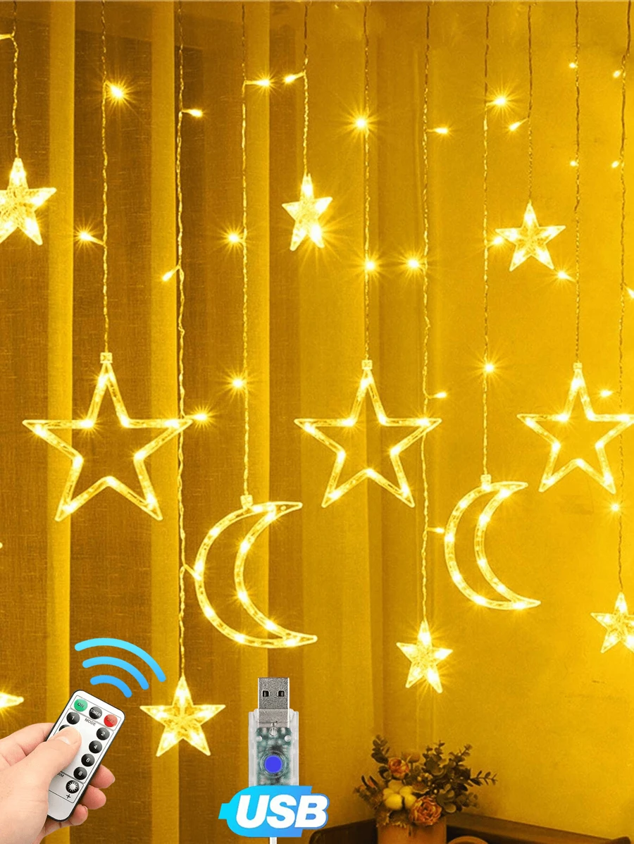 1 Set Of 12 Pieces Twinkling LED Curtain String Lights Star And Moon String Star Moon Lights  Christmas Decoration Lights Suitable For Wedding Valentine's Day Home Garden Bedroom Outdoor Indoor Wall Decoration
