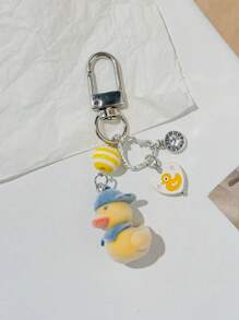 1pc Unisex Cartoon Flocked Little Yellow Duck Keychain, Lovely Heart Duck Pendant Accessory For Bag Charm - Multicolor - View 2