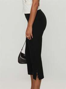 Women Y2K Summer Side Split Capri Pants Casual Solid Color Cropped Pants Stretch Leggings 80S 90S Vintage Aesthetic Clothes Streetwear - 黑色 - 查看 4