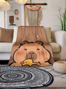 Soft Flannel Cartoon Capybara With Duck Print Throw Blanket - Digital Print Reversible Polyester Flannel, All-Season Cozy Blanket For Home Office Nap, Contemporary Style – Gift For Family And Friends