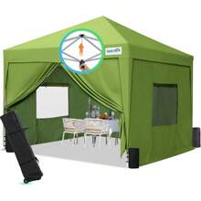 Carpa plegable impermeable de 8x8 con paredes laterales y ventanas enrollables - Verde - Ver 1