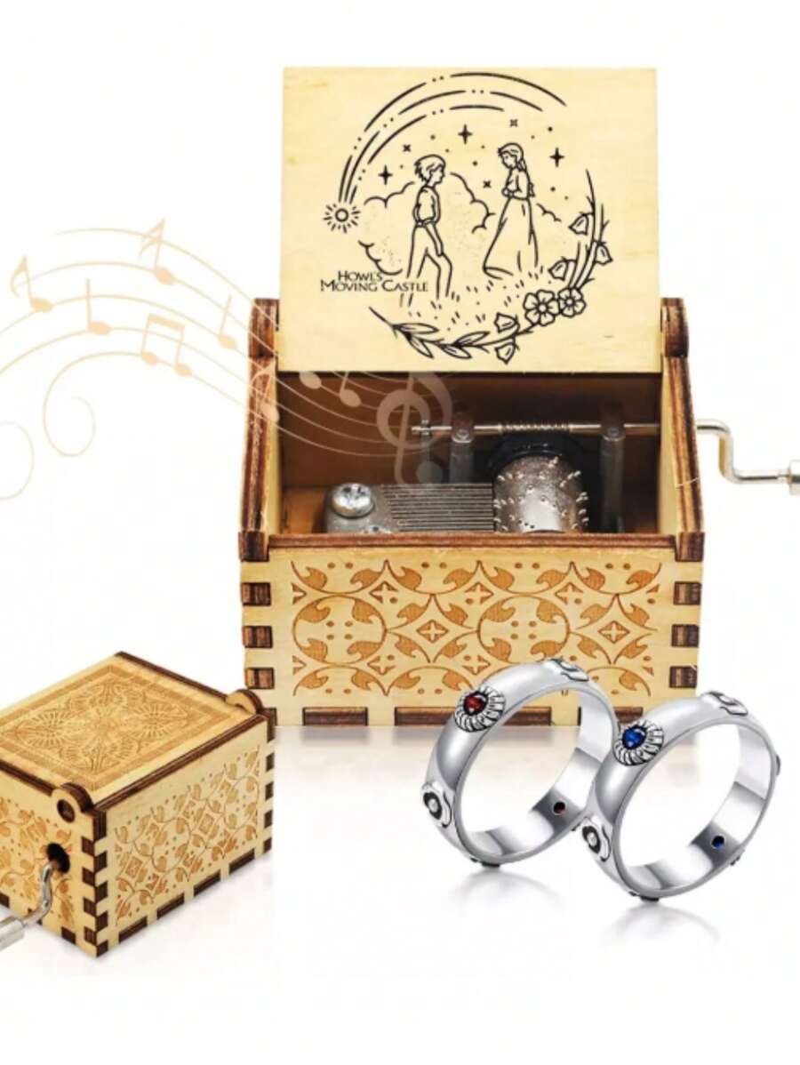 3pz Caja Musical Sophie Y Howl Castillo Ambulante + Anillos - Caqui - Ver 1