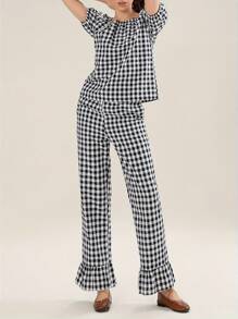 Women's 2 Piece Pajama Set Short Sleeve Stripe/Plaid Print Tops Wide Leg Pants Sleepwear Sets