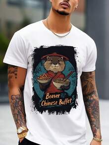 Beaver In Traditional Outfit With Food Men's T-Shirt Comfortable 100% Cotton Round Neck Short Sleeve Fitted For Men - 白色 - 查看 2
