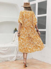 Rusttydustty Czeska kwiatowa haftowana sukienka z wiązaniem, luźna, na plażę, festiwal muzyczny - Musztardowy żółty - Zobacz 3