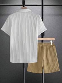 2 Stück/Set Herren lässiges, modisches Outfit mit Kurzarmoberteil und Shorts in Wellentextur-Stoff - Weiss - Übersicht 3