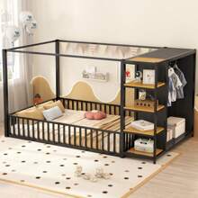 MISSUNNY Full Size Floor Bed Frame With Wardrobe, Metal Floor Bed With Storage Shelves, Black