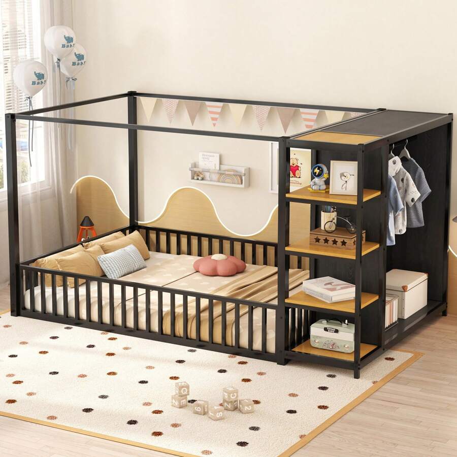 MISSUNNY Full Size Floor Bed Frame With Wardrobe, Metal Floor Bed With Storage Shelves, Black