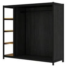 MISSUNNY Full Size Floor Bed Frame With Wardrobe, Metal Floor Bed With Storage Shelves, Black