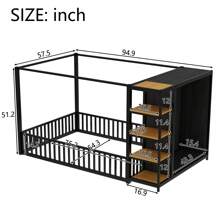 MISSUNNY Full Size Floor Bed Frame With Wardrobe, Metal Floor Bed With Storage Shelves, Black