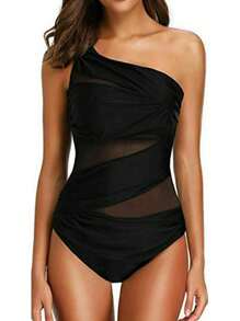 One Piece Swimsuit Tummy Control One Shoulder Bathing Suits For Women Full Coverage Cutout Mesh Swimwear - Black - View 1