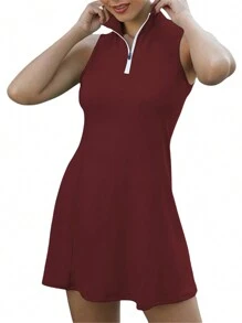 Ladies Summer Sports Suit, Women Solid Color Zipper Stand Collar Sleeveless Slim Tennis Short Skirt + Shorts Set - Burgundy - View 4