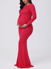 Vestido premamá de cuello redondo, vestido para fotografía - Burdeos - Ver 1